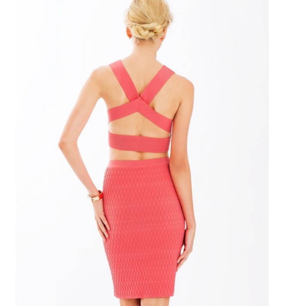 Jonathan Simkhai Hex Fence Textured Stretch Pencil Midi Skirt Coral Pink